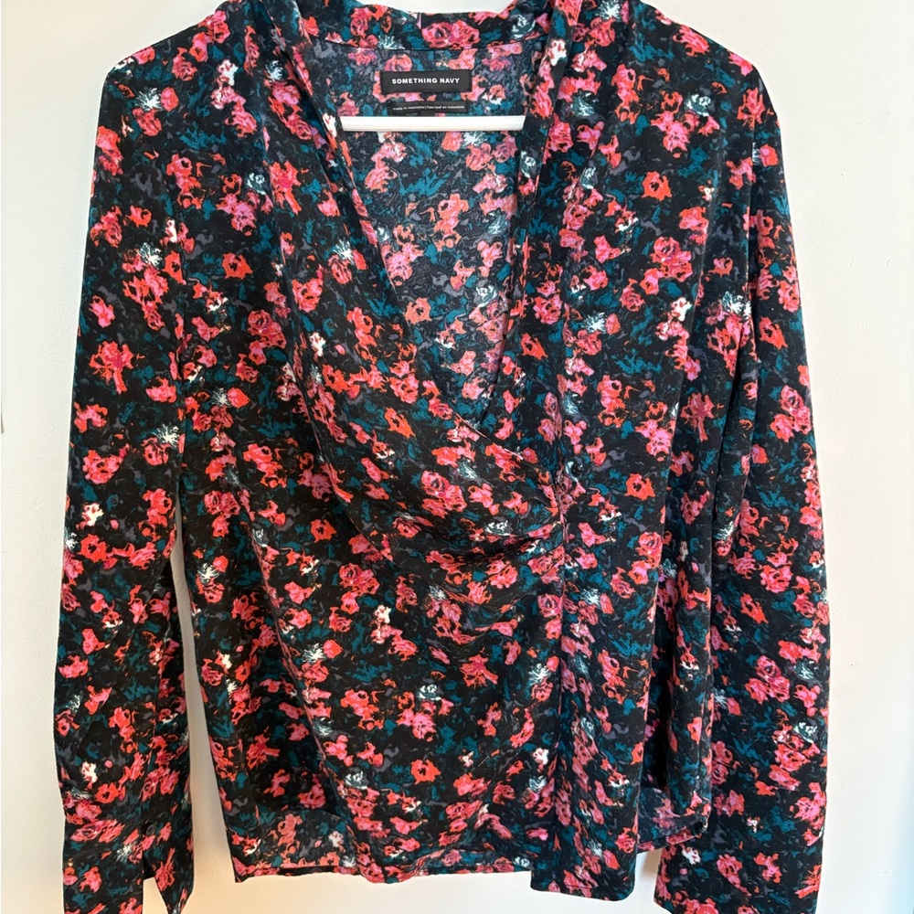 Something Navy Floral Long Sleeve ButtonWrap Top - Pink & Red Flowers